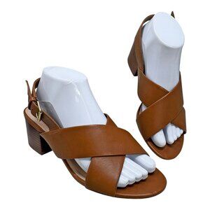 Dune London Indey Brown Leather Crisscross Block Heel Sandals